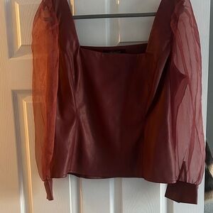 Andrew Marc Burgundy Blouse with Sheer Sleeves